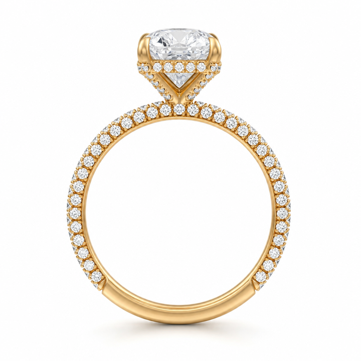 Cushion Diamond Basket With Three Row Pave Ring