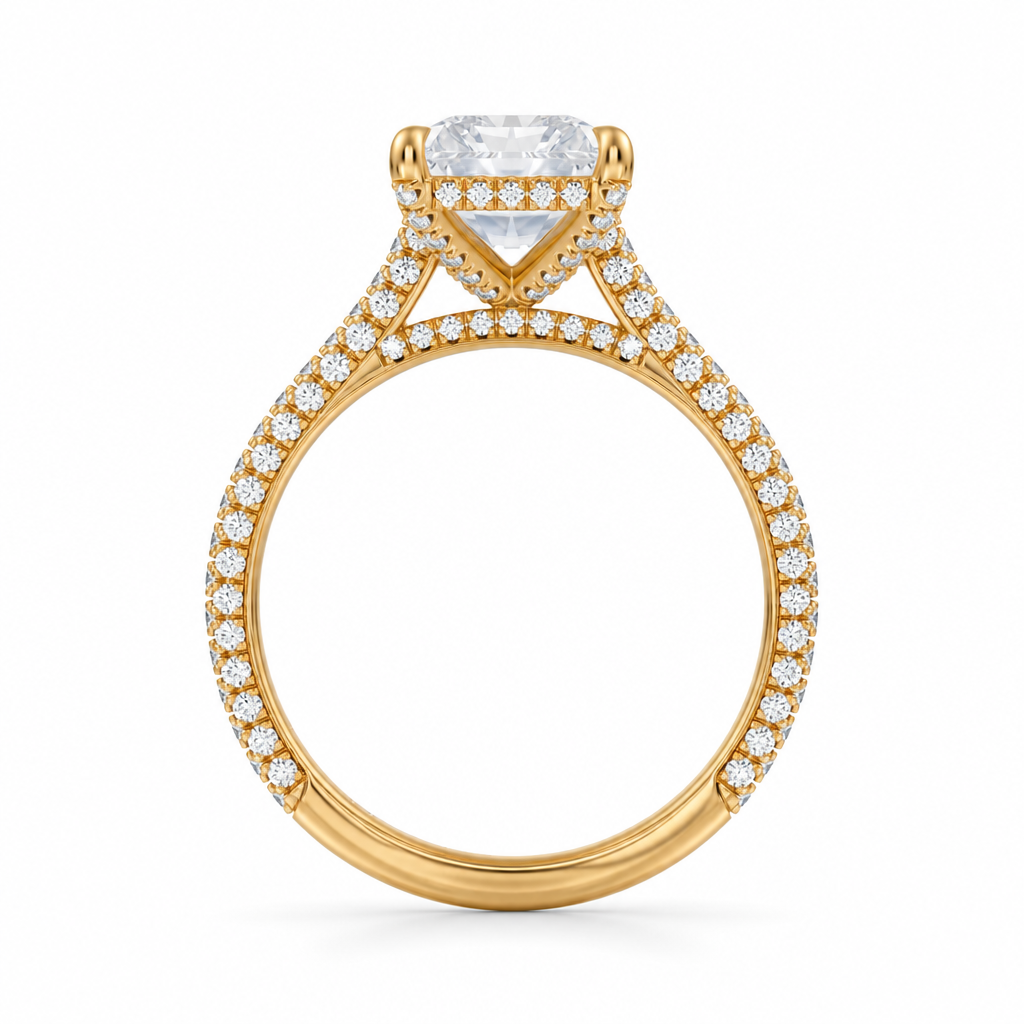 Radiant Three Row Pave Cathedral Ring With Diamond Basket