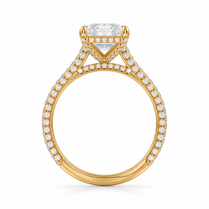 Radiant Three Row Pave Cathedral Ring With Diamond Basket