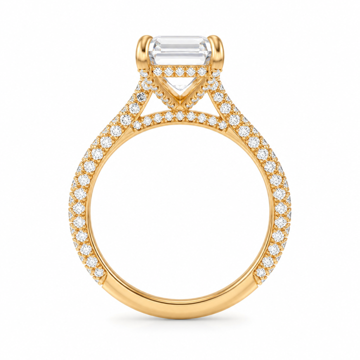 Emerald Three Row Pave Cathedral Ring With Diamond Basket