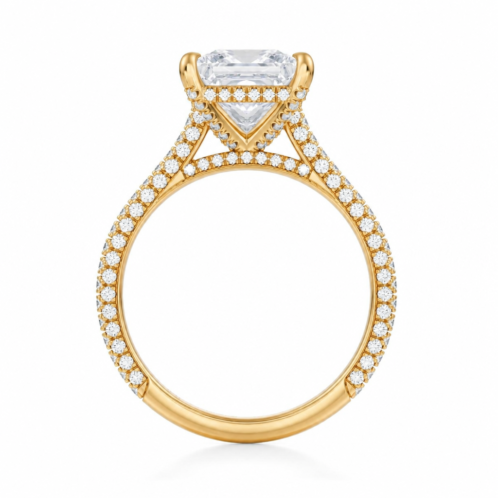 Princess Three Row Pave Cathedral Ring With Diamond Basket