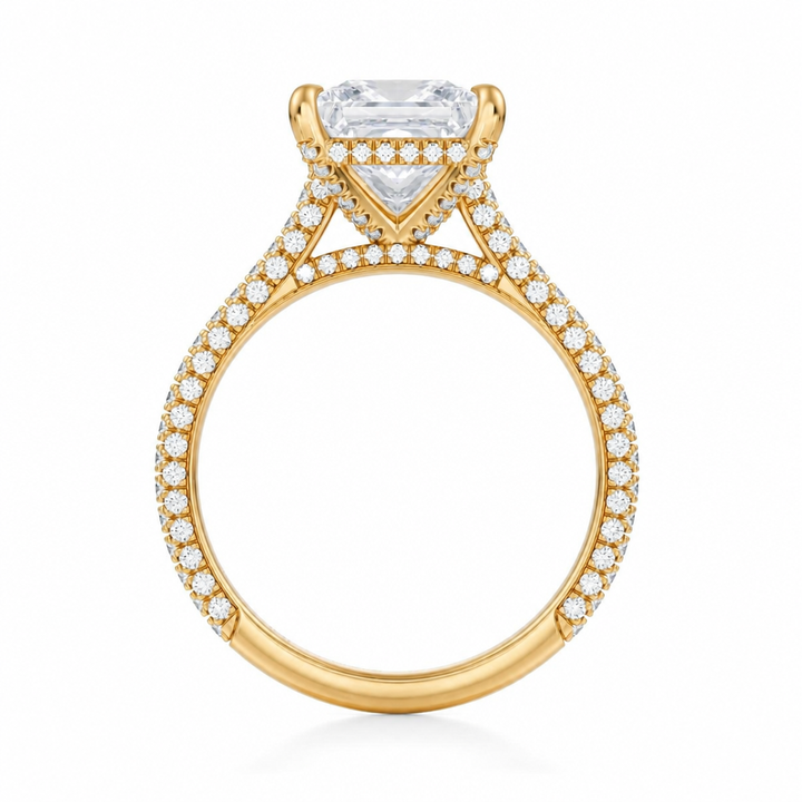 Princess Three Row Pave Cathedral Ring With Diamond Basket