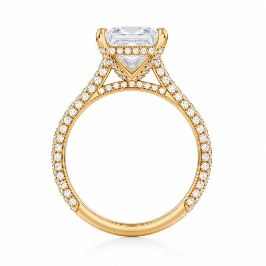 Princess Three Row Pave Cathedral Ring With Diamond Basket