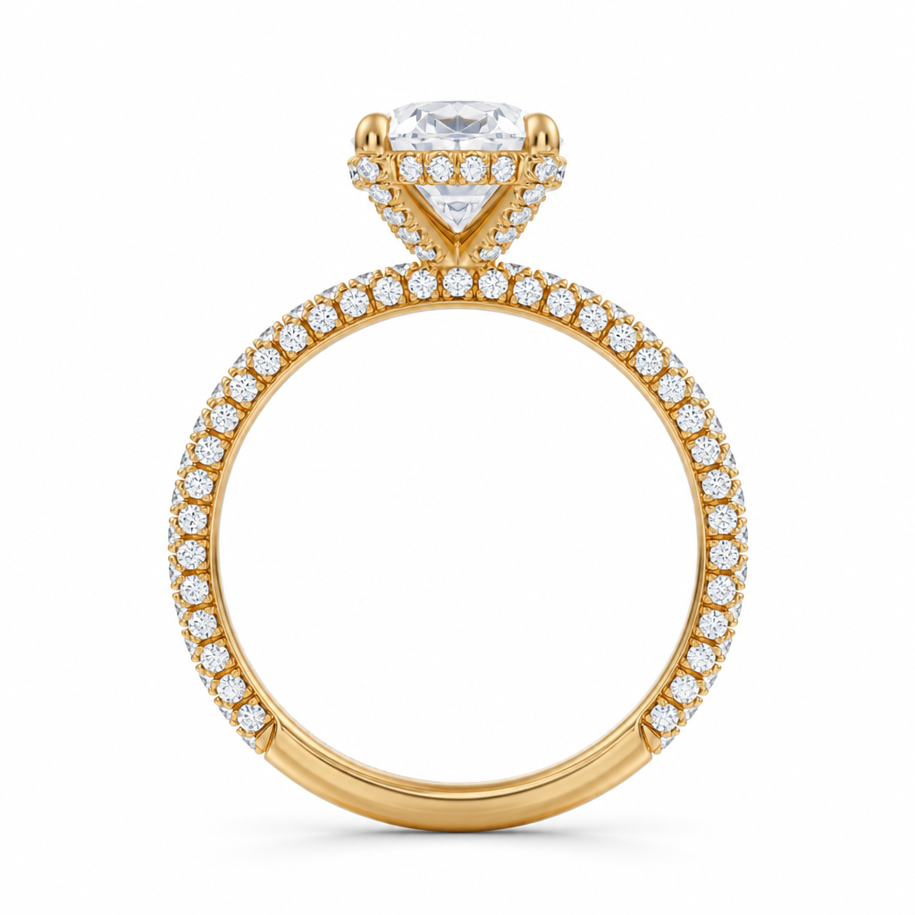 Oval Diamond Basket With Three Row Pave Ring