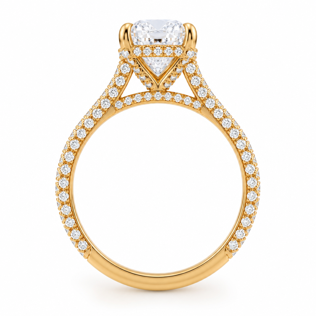 Cushion Three Row Pave Cathedral Ring With Diamond Basket