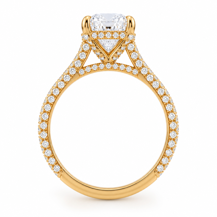 Cushion Three Row Pave Cathedral Ring With Diamond Basket
