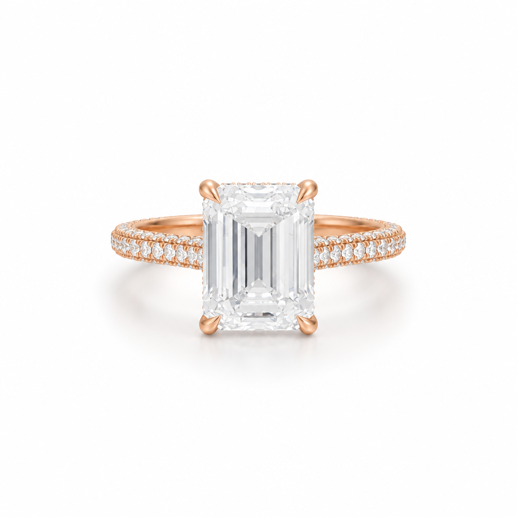 Emerald Three Row Pave Cathedral Ring With Diamond Basket