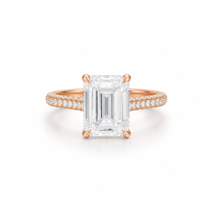 Emerald Three Row Pave Cathedral Ring With Diamond Basket