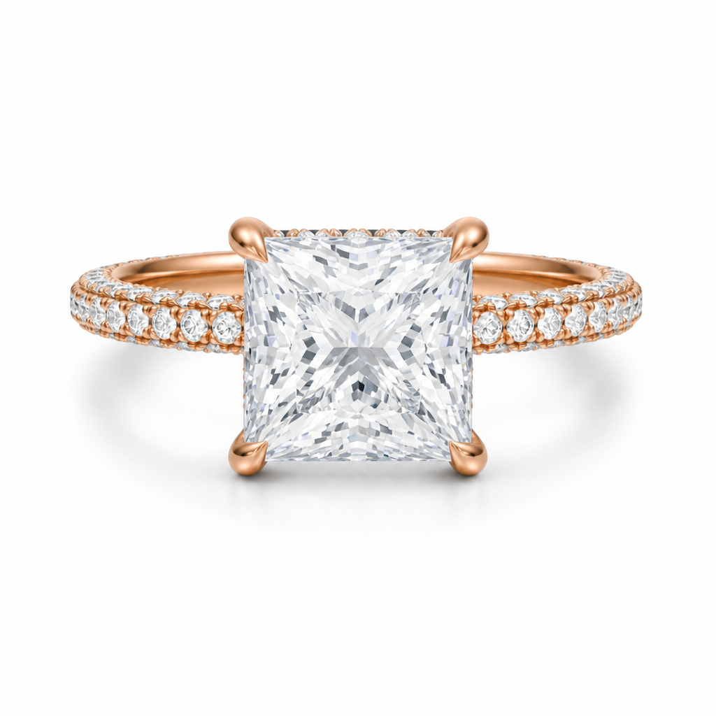 Princess Hidden Halo with Three Row Pave Band