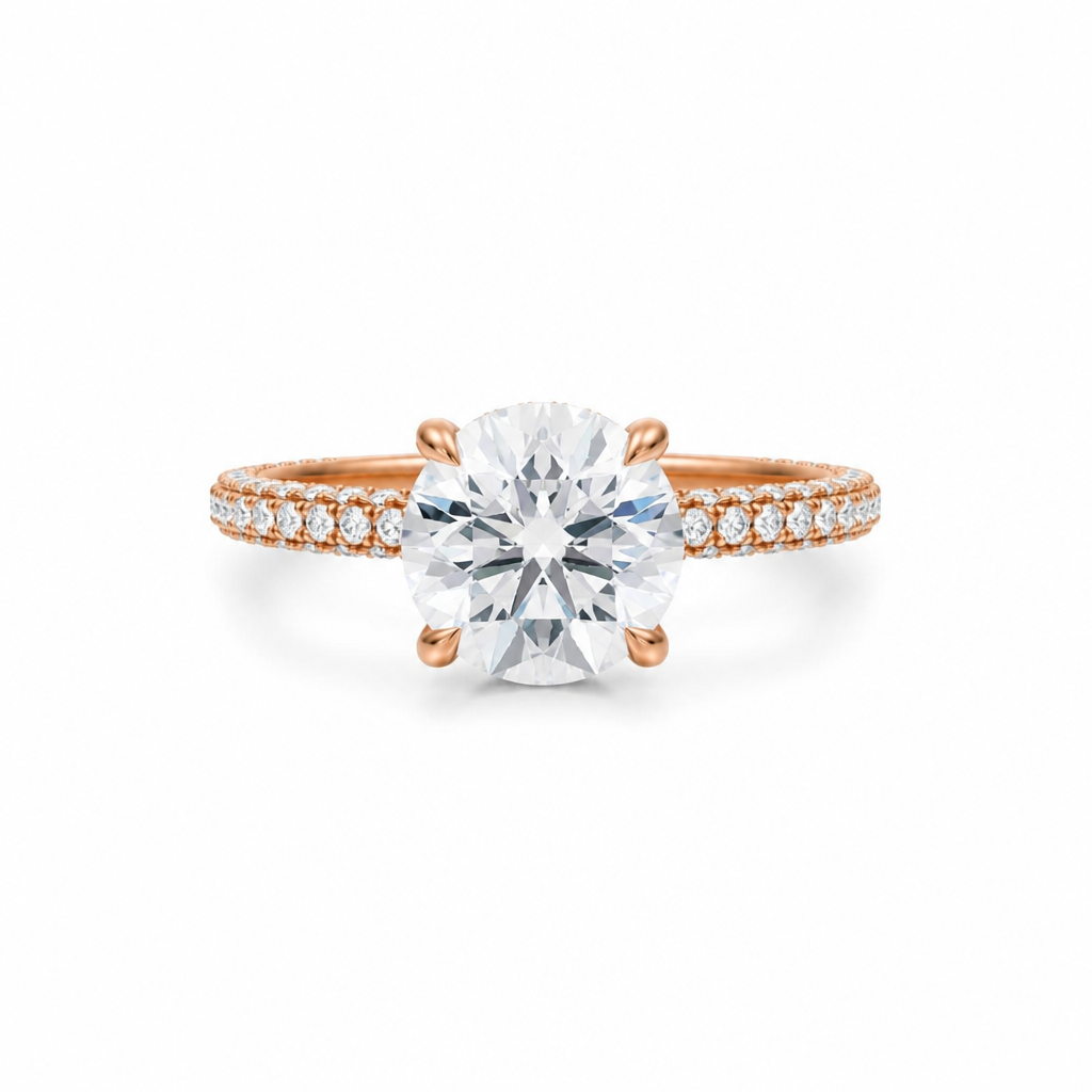 Round Diamond Basket With Three Row Pave Ring