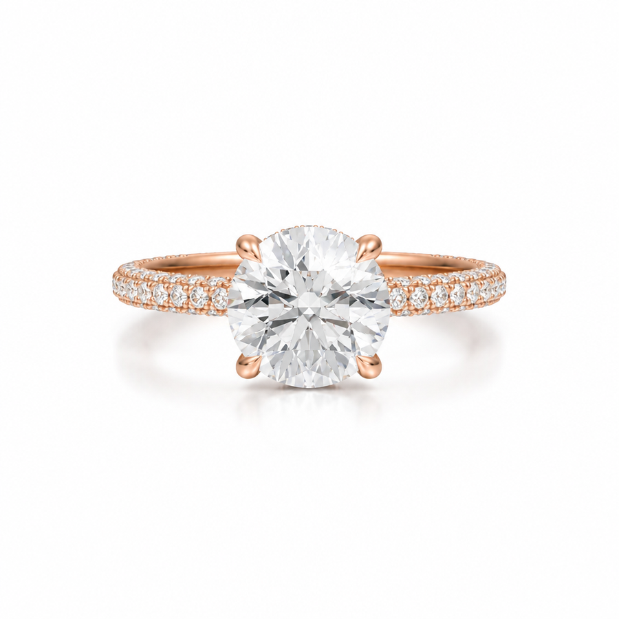 Round Hidden Halo with Three Row Pave Band
