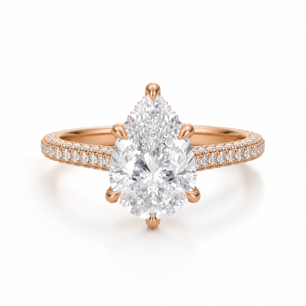 Pear Three Row Pave Cathedral Ring With Diamond Basket