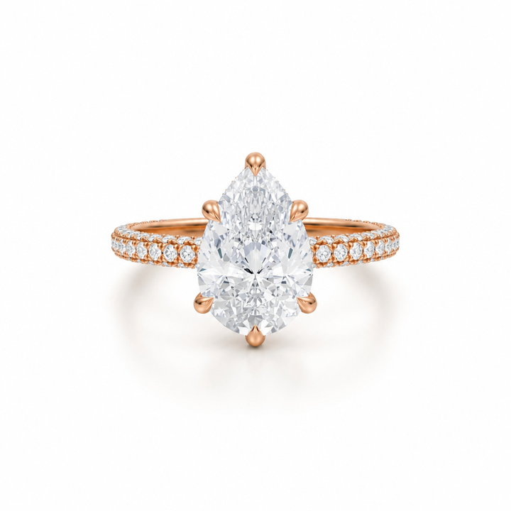 Pear Diamond Basket With Three Row Pave Ring