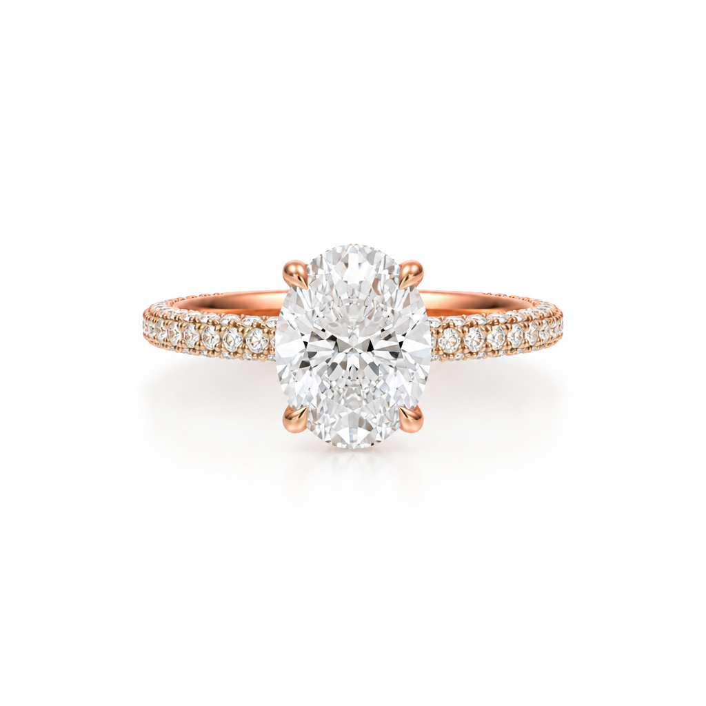 Oval Diamond Basket With Three Row Pave Ring