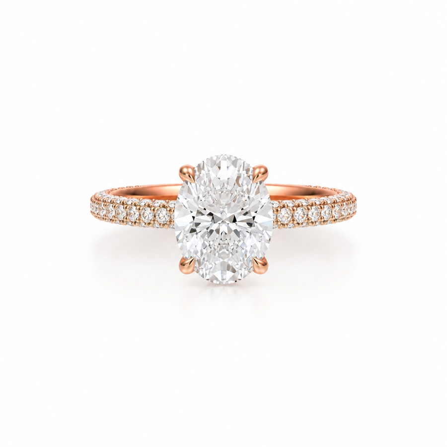 Oval Diamond Basket With Three Row Pave Ring