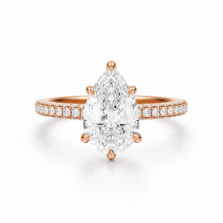 Pear Three Row Pave Ring With Pave Prongs