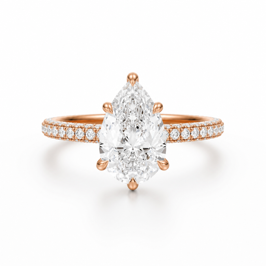 Pear Three Row Pave Ring With Pave Prongs