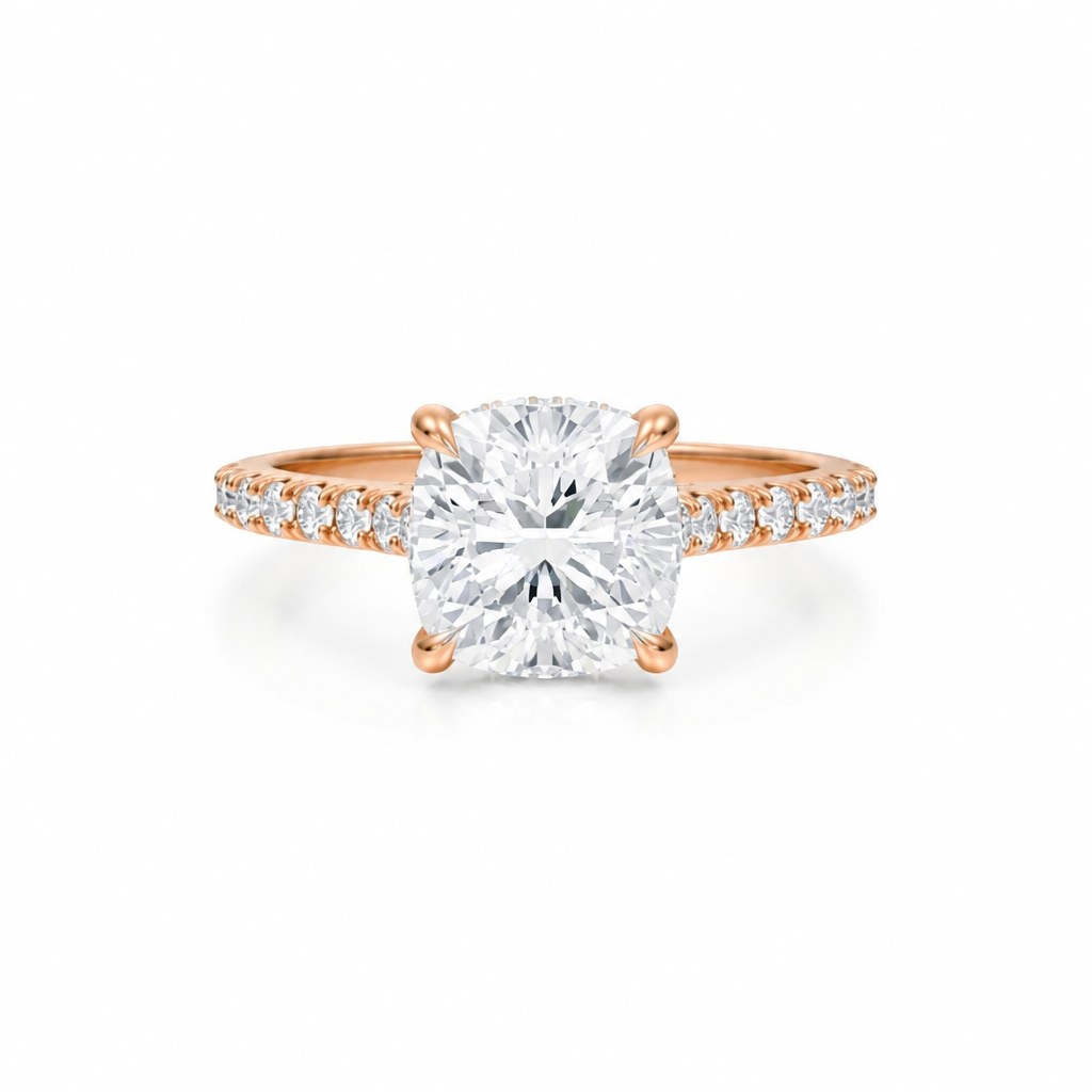 Cushion Pave Cathedral Ring With Diamond Basket