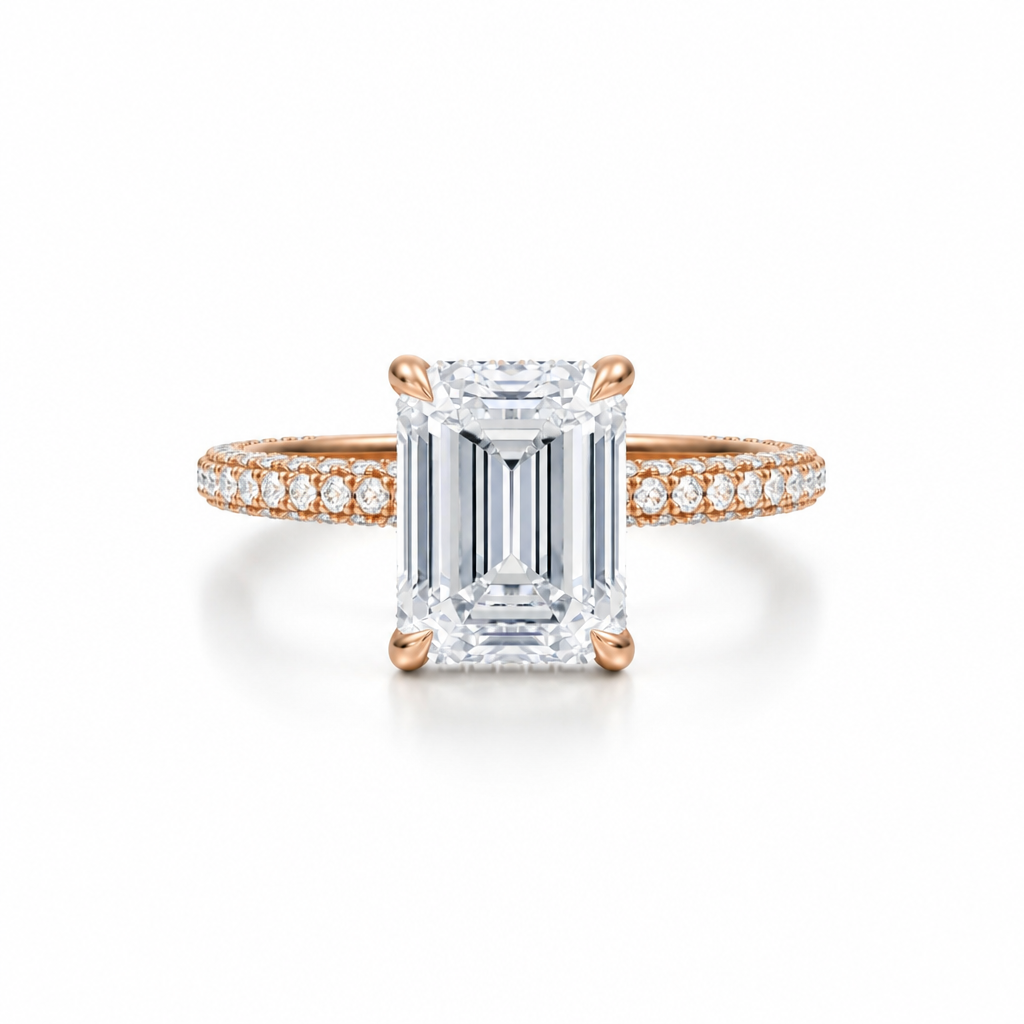 Emerald Diamond Basket With Three Row Pave Ring