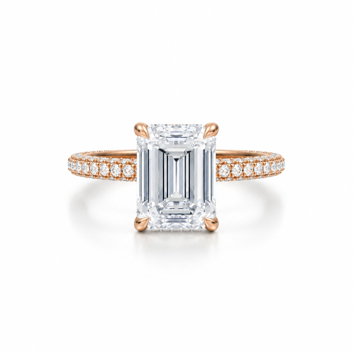 Emerald Diamond Basket With Three Row Pave Ring