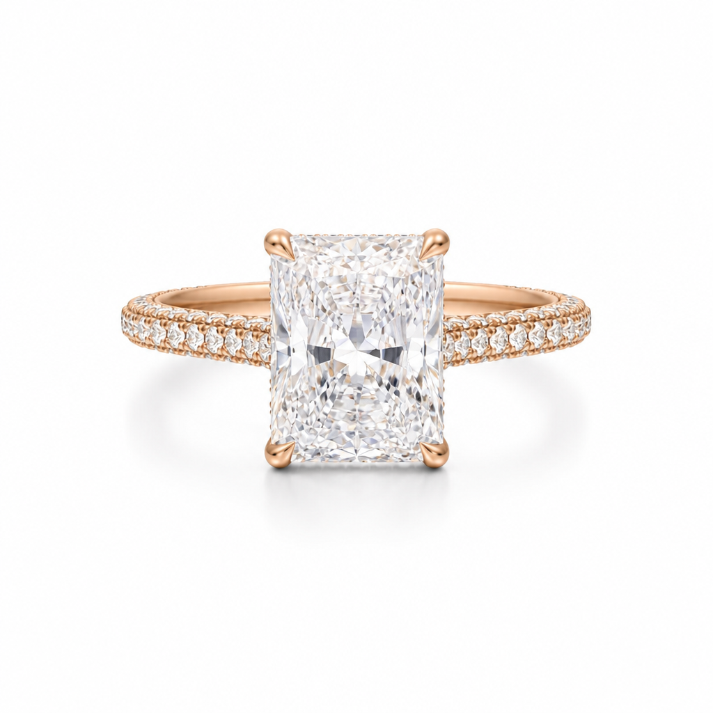 Radiant Three Row Pave Cathedral Ring With Diamond Basket