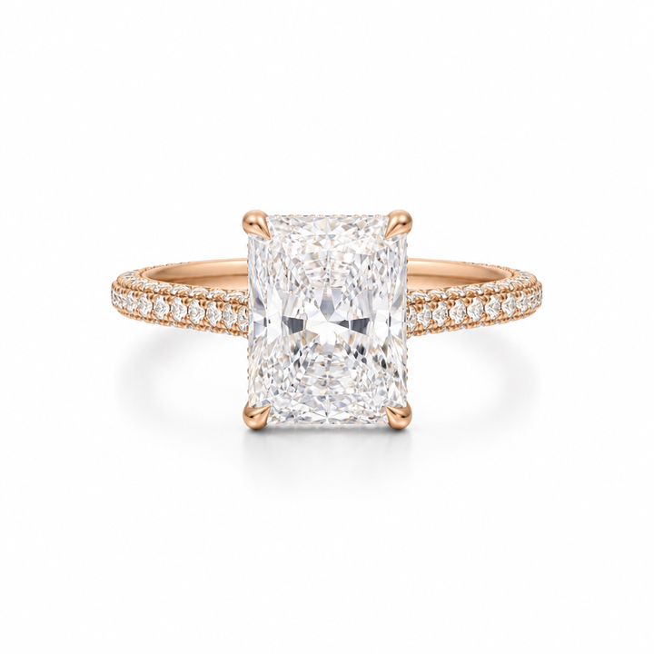 Radiant Three Row Pave Cathedral Ring With Diamond Basket