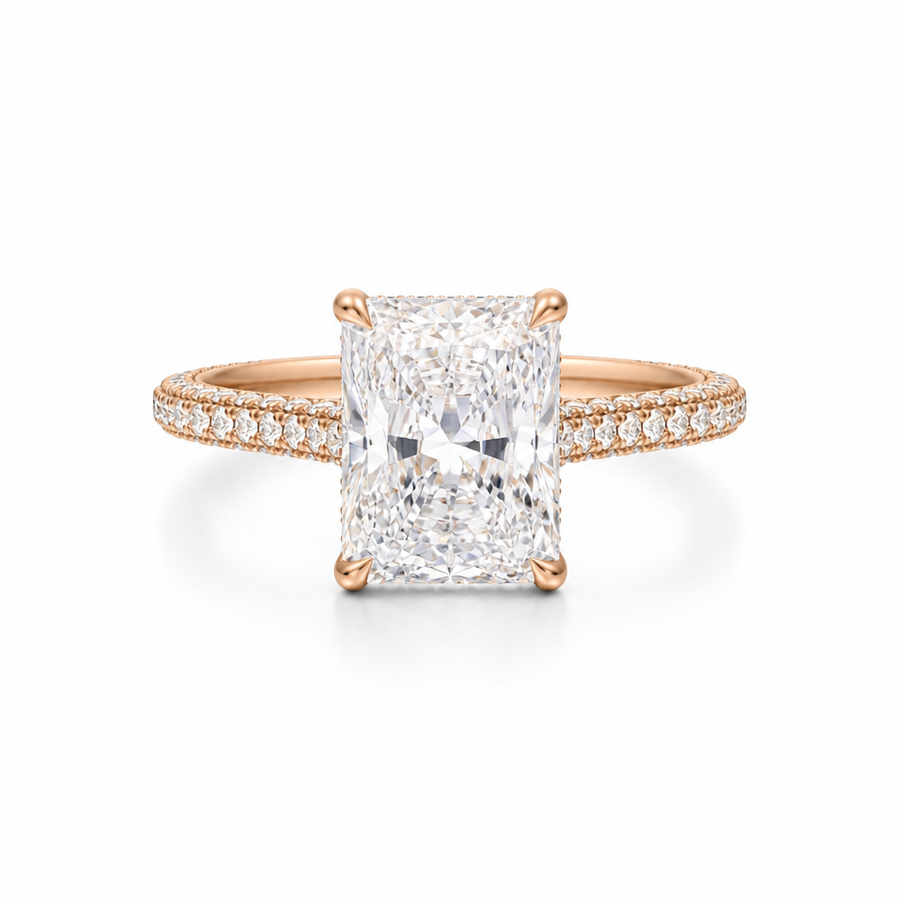 Radiant Three Row Pave Cathedral Ring With Diamond Basket