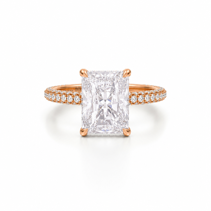 Radiant Diamond Basket With Three Row Pave Ring