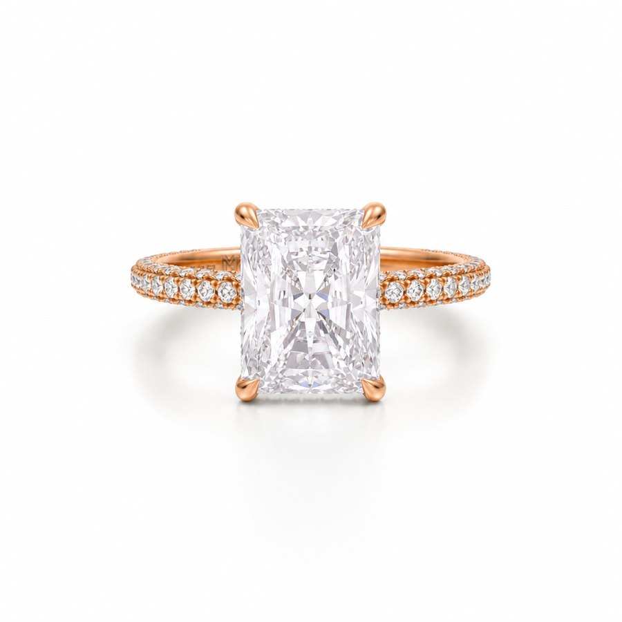 Radiant Diamond Basket With Three Row Pave Ring