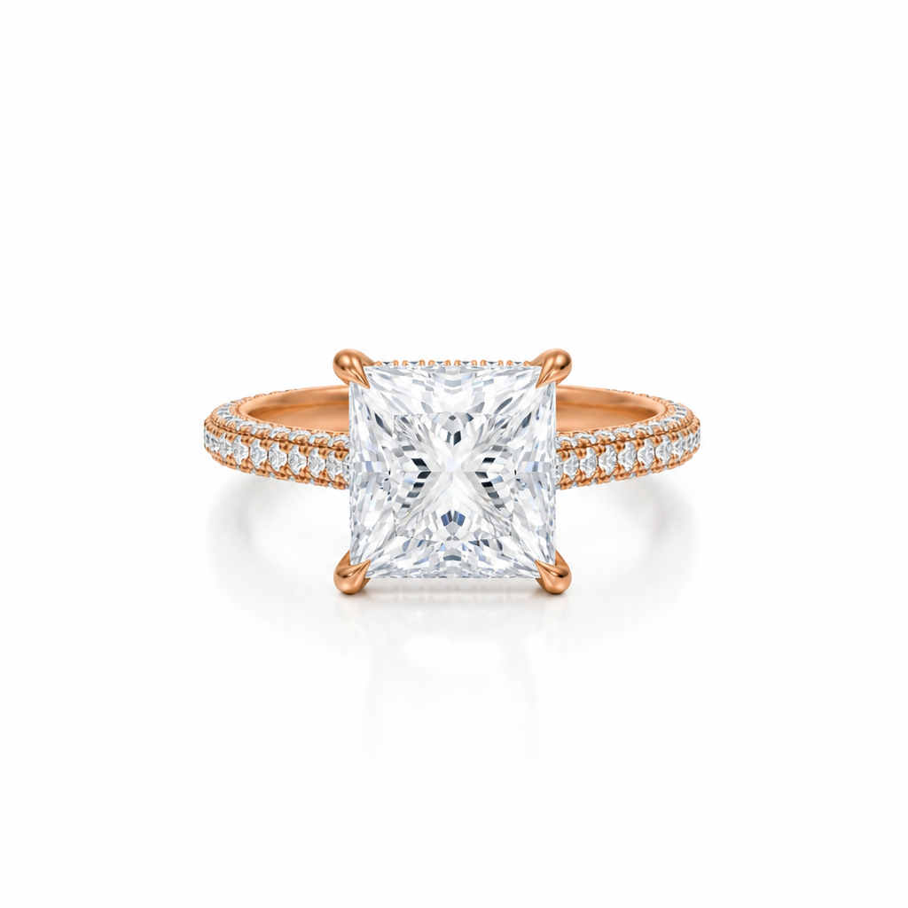 Princess Three Row Pave Cathedral Ring With Diamond Basket