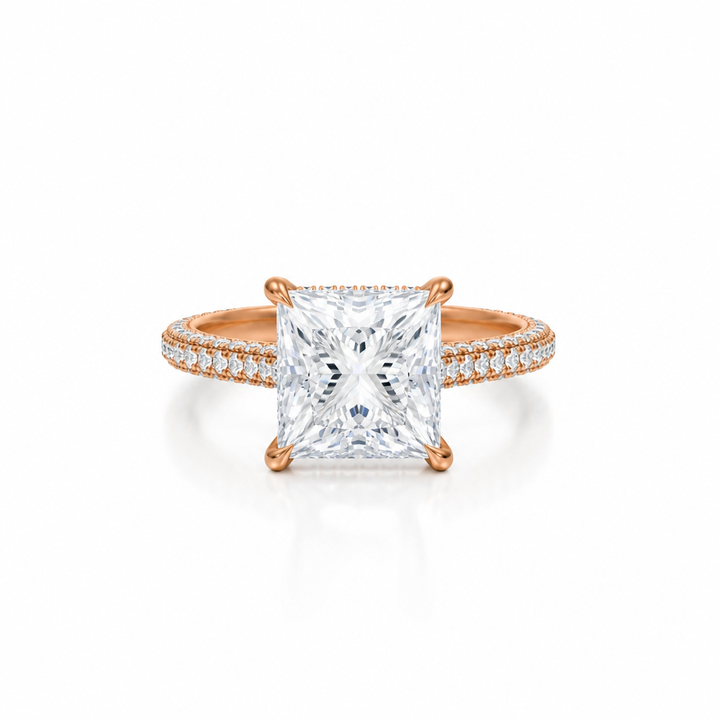 Princess Three Row Pave Cathedral Ring With Diamond Basket