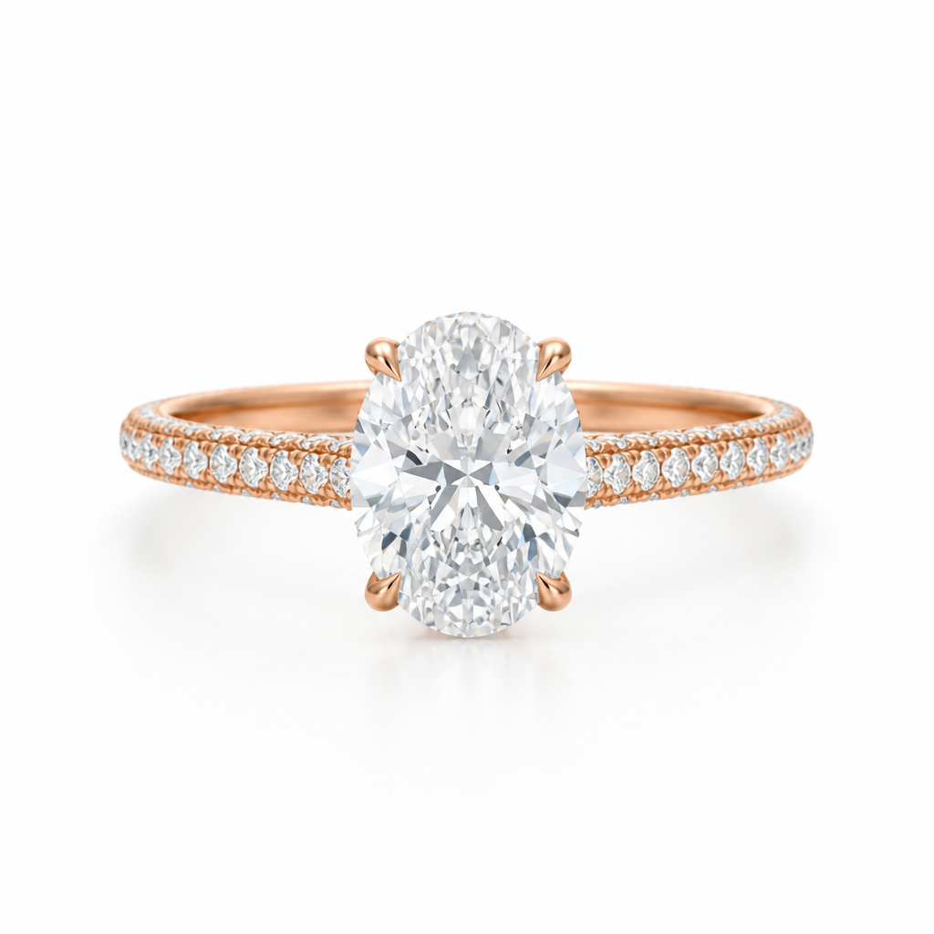 Oval Three Row Pave Cathedral Ring With Diamond Basket
