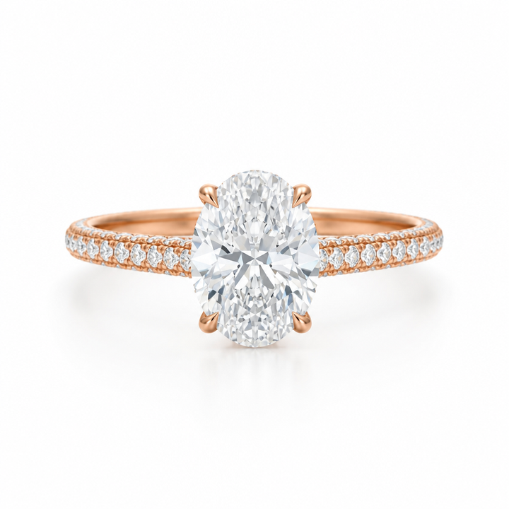 Oval Three Row Pave Cathedral Ring With Diamond Basket