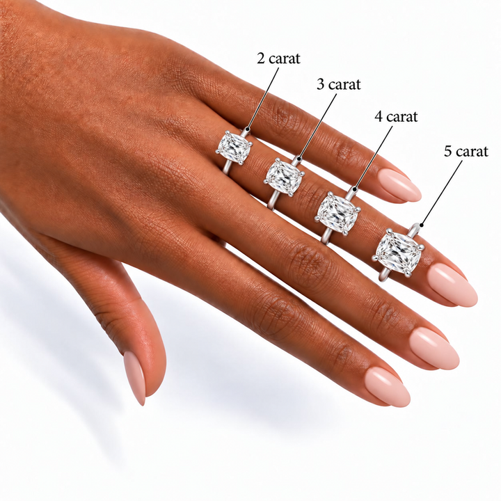 Four elongated cushion cathedral solitaire rings worn on hand showing 2, 3, 4, and 5 carat size comparison side by side.