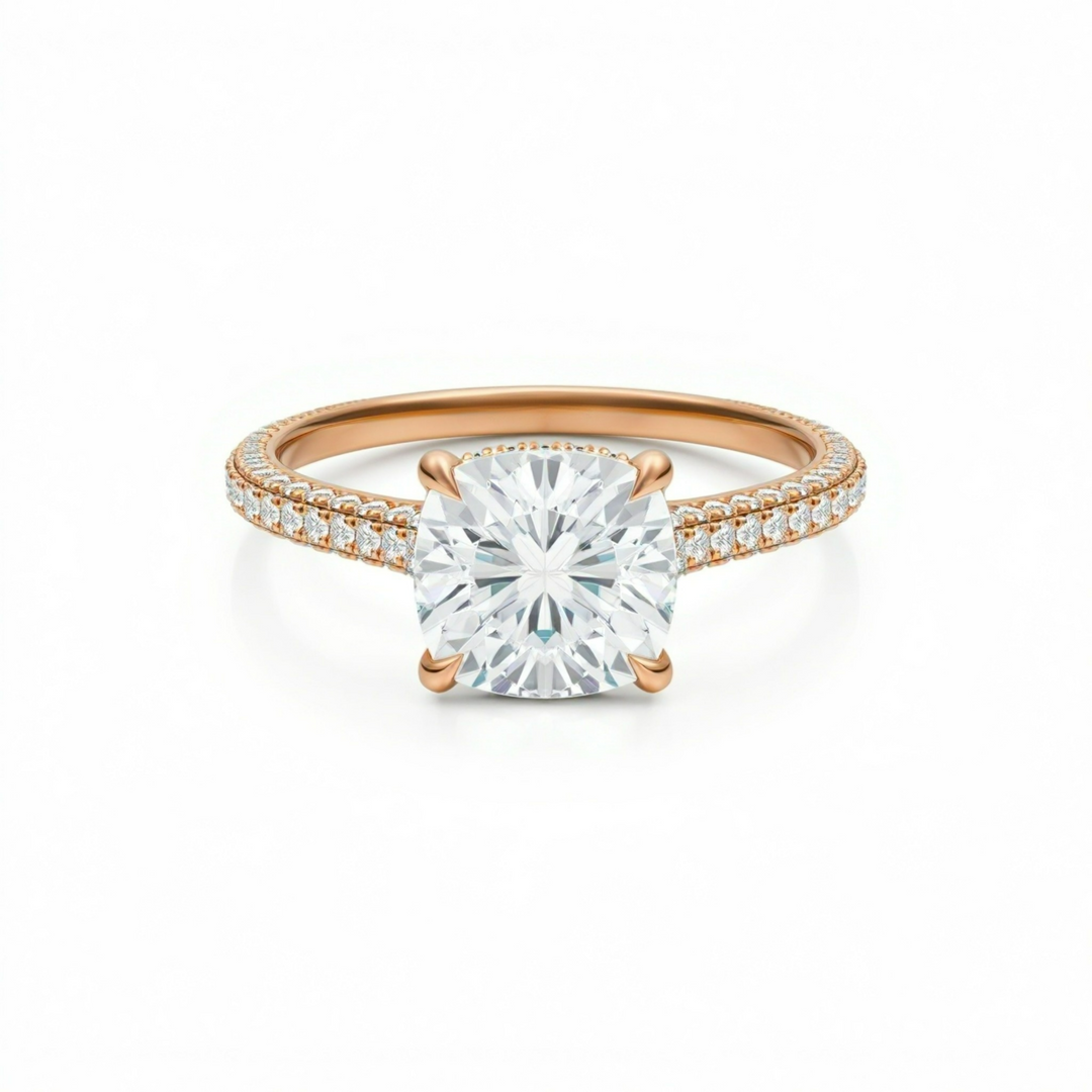 Cushion Three Row Pave Cathedral Ring With Diamond Basket