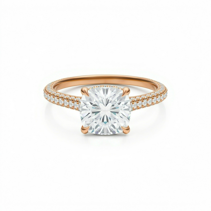 Cushion Three Row Pave Cathedral Ring With Diamond Basket
