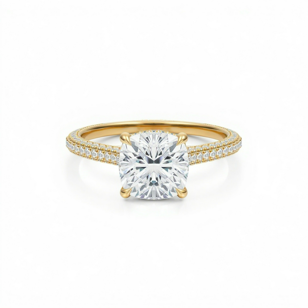 Cushion Three Row Pave Cathedral Ring With Diamond Basket