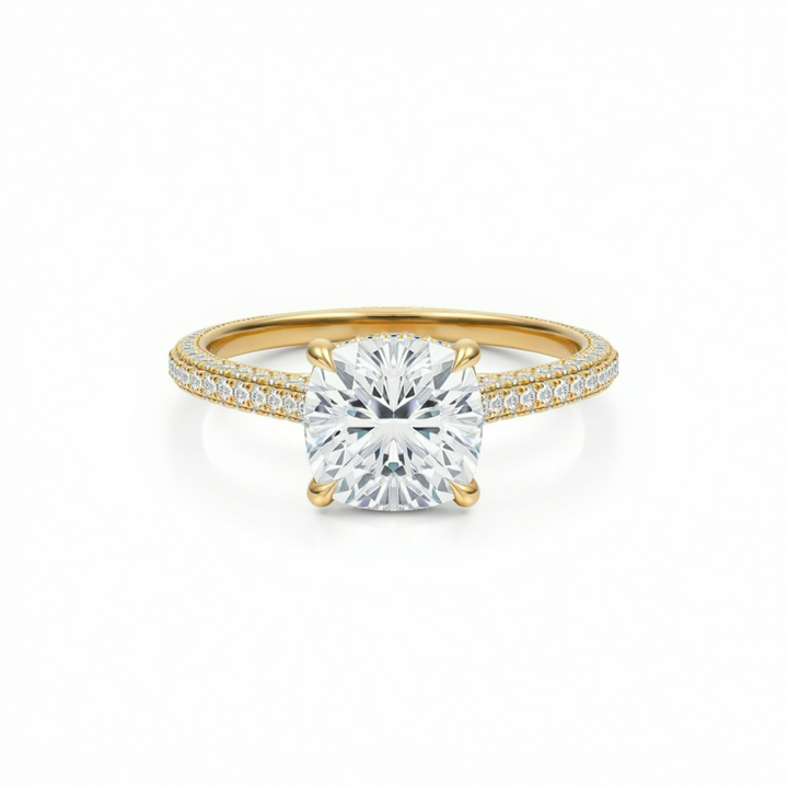 Cushion Three Row Pave Cathedral Ring With Diamond Basket
