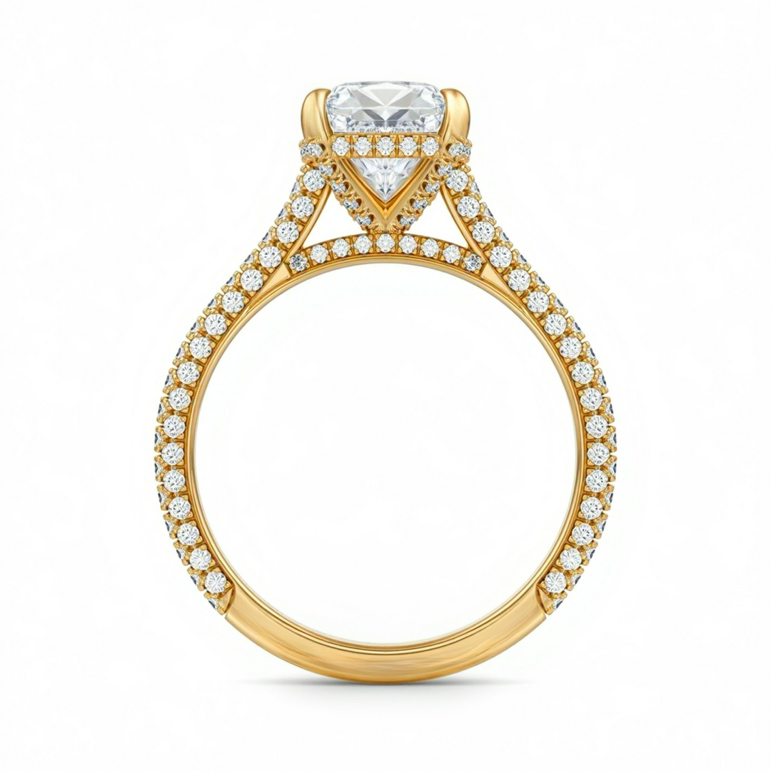 Cushion Three Row Pave Cathedral Ring With Diamond Basket