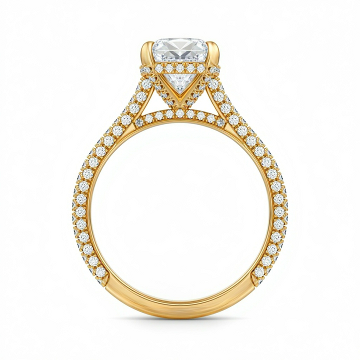 Cushion Three Row Pave Cathedral Ring With Diamond Basket