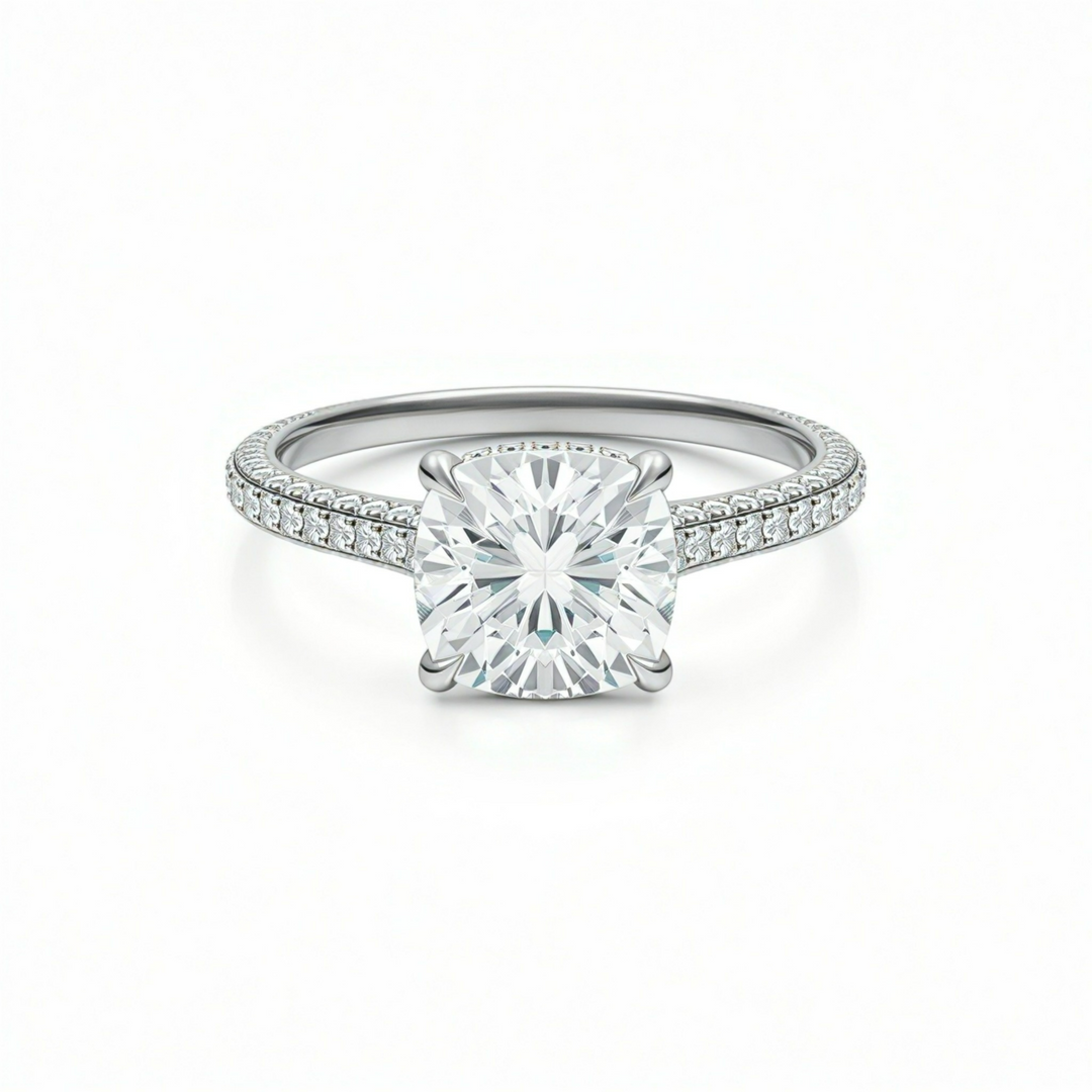 Cushion Three Row Pave Cathedral Ring With Diamond Basket