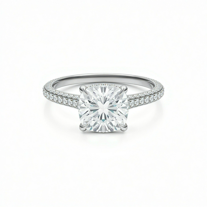 Cushion Three Row Pave Cathedral Ring With Diamond Basket