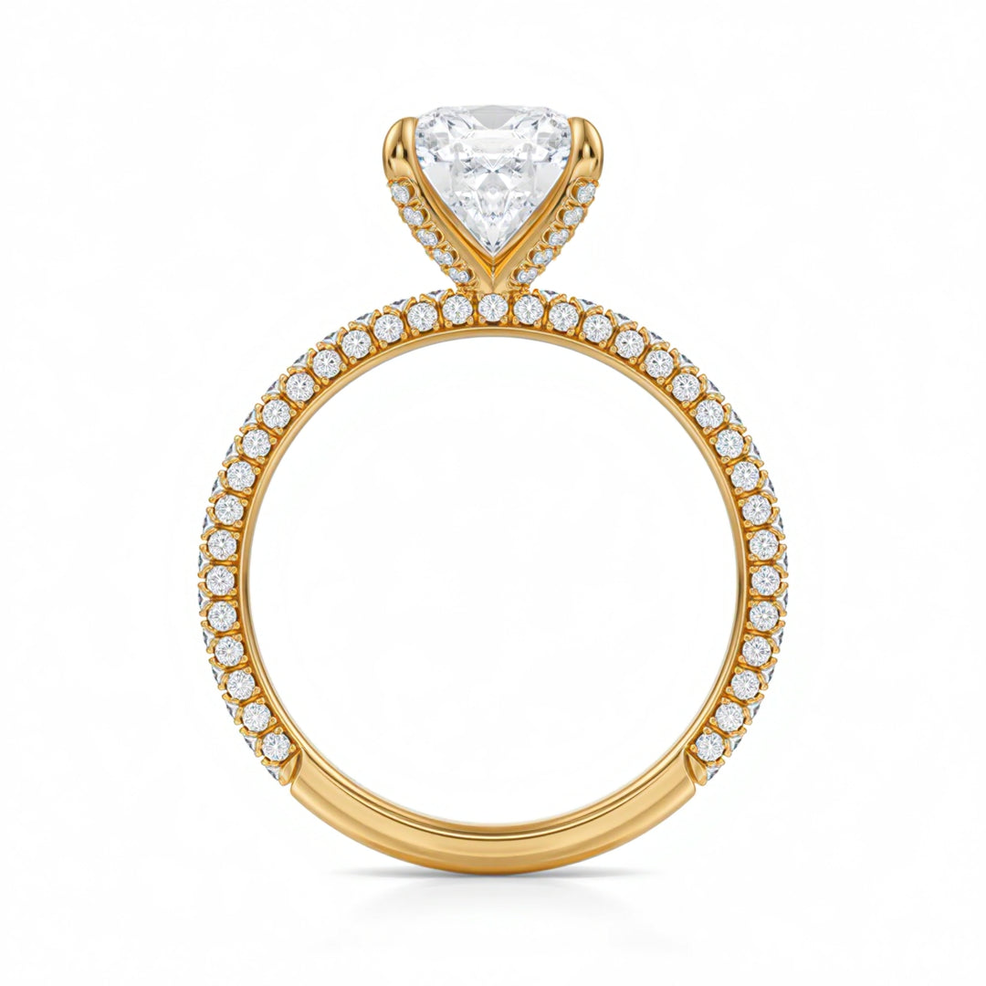 Cushion Three Row Pave Ring With Pave Prongs