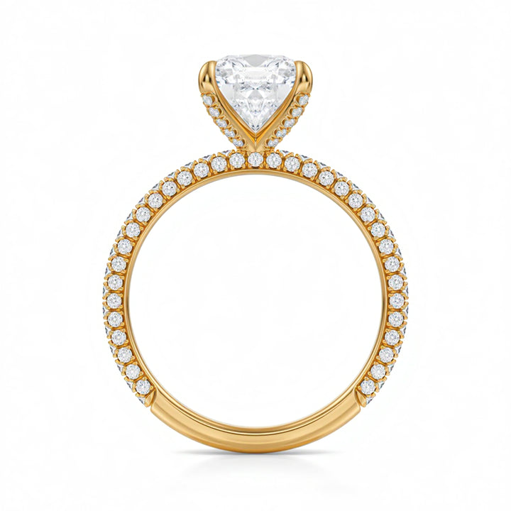 Cushion Three Row Pave Ring With Pave Prongs