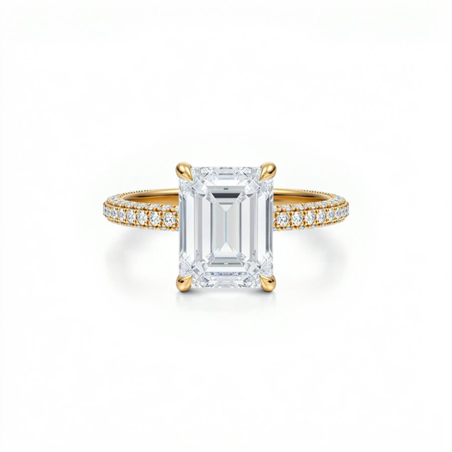 Emerald Diamond Basket With Three Row Pave Ring