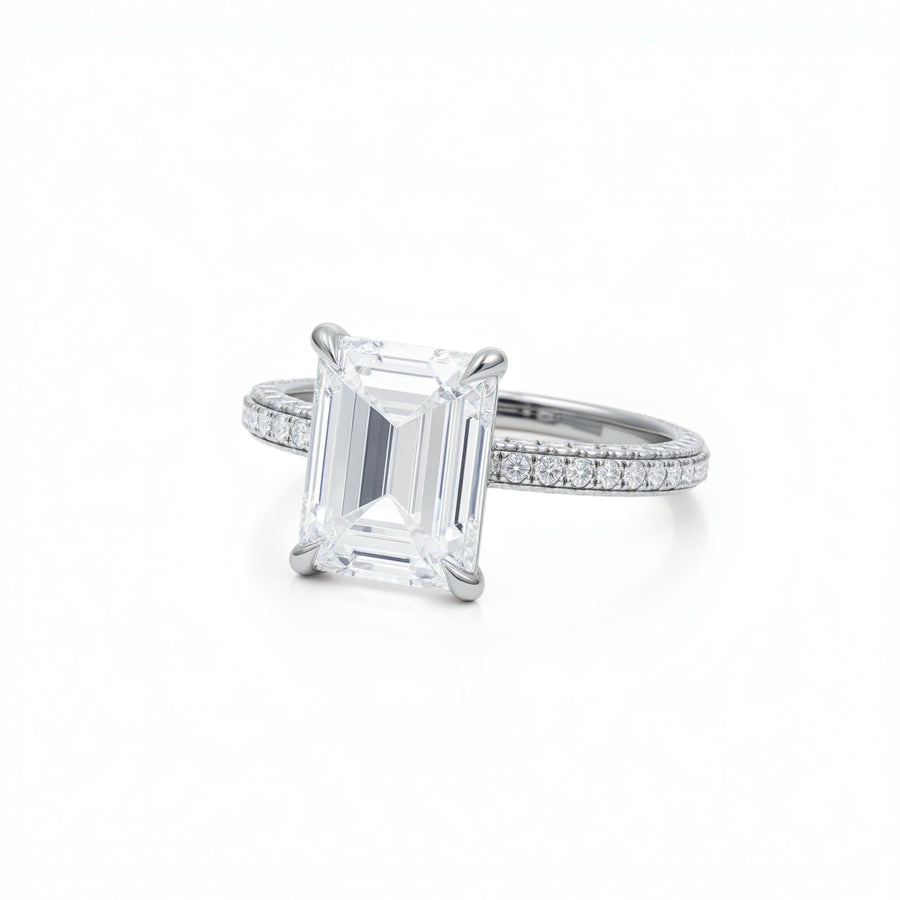 Emerald Diamond Basket With Three Row Pave Ring
