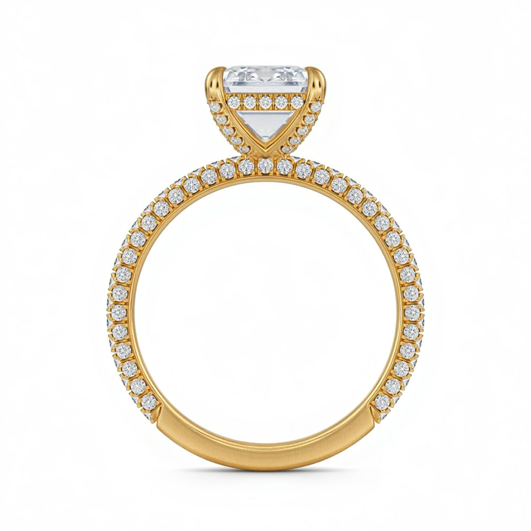 Emerald Diamond Basket With Three Row Pave Ring