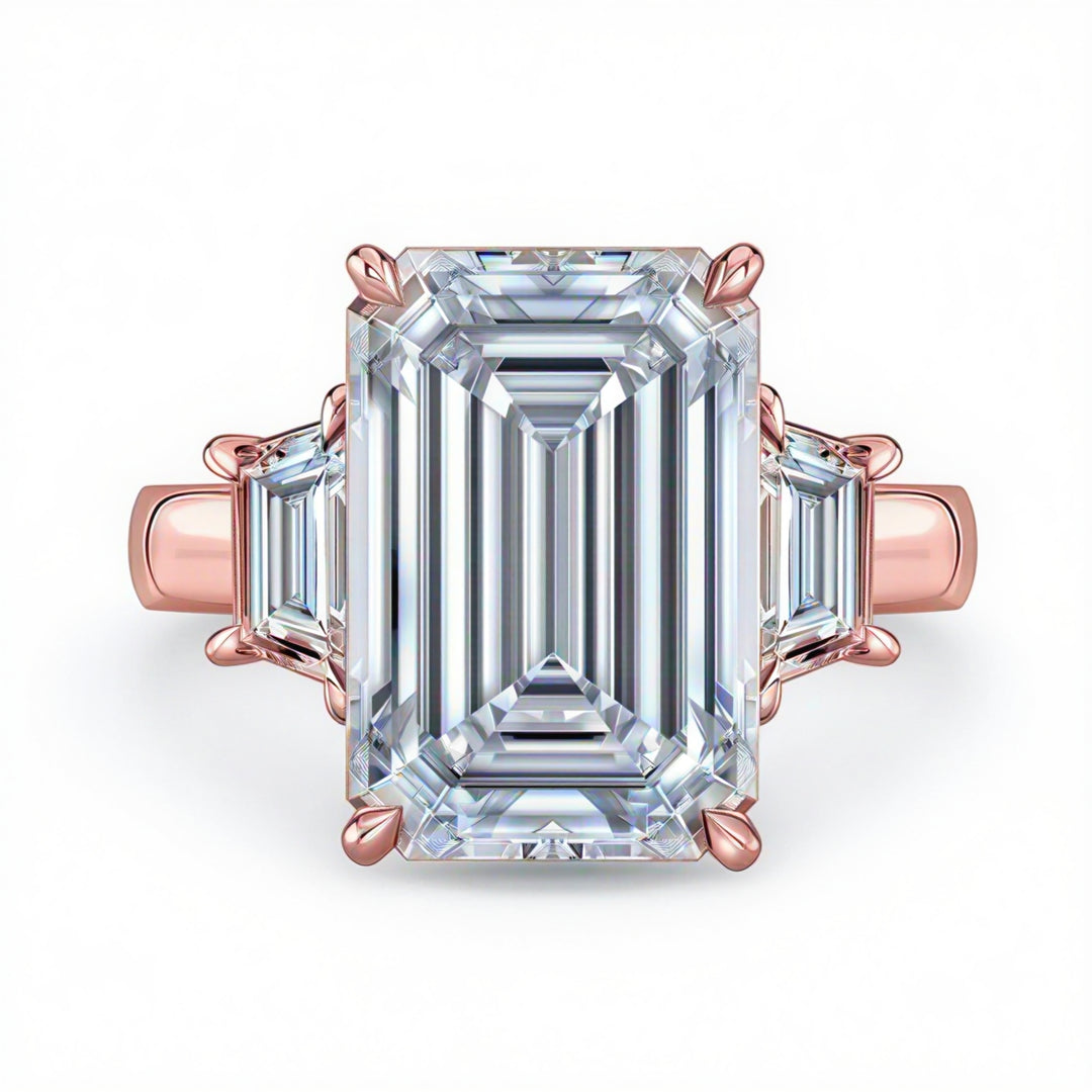 Emerald Diamond Trapezoid Cathedral Three Stone Ring