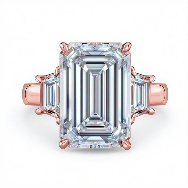 Emerald Diamond Trapezoid Cathedral Three Stone Ring