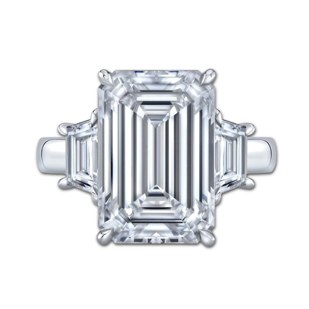 Emerald Diamond Trapezoid Cathedral Three Stone Ring